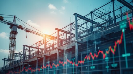 Construction Site at Sunset With Crane and Stock Market Trend Overlaying the Structure