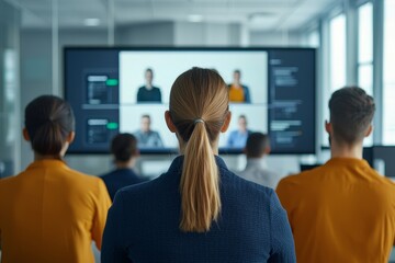 Group of professionals attending a virtual meeting in a modern office space.