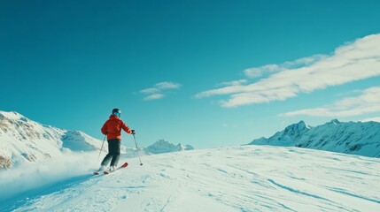 Skier descending a piste in a breathtaking Alpine setting. The background is a blue sky.