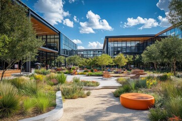 A modern office building courtyard with lush landscaping, walkways, and seating areas.