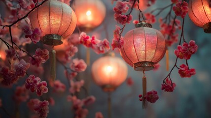 Obraz premium Red Lanterns Hanging Amongst Pink Blossoms
