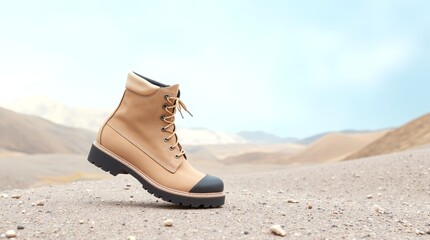 Naklejka premium Stylish Tan Hiking Boot on Sandy Terrain With Mountainous Backdrop Under Clear Blue Sky