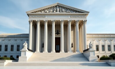 The Grand Entrance of a Historic Courthouse Under a Clear Blue Sky in the Afternoon Light