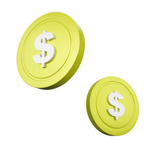 A 3D-rendered image of two yellow coins, each featuring a white dollar sign on their surface.