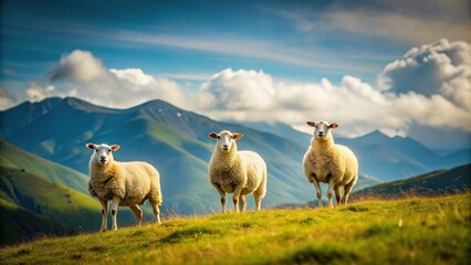 Fototapeta premium Minimalist illustration of three sheep in an alpine meadow with varying colors on the horizon