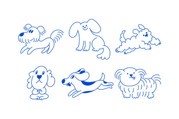 Funny pets, dogs and cats, vector illustration in trendy flat simple linear style, funny mascot and cartoon character, friendly sticker and badge for advertising, social media