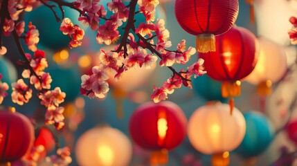 Obraz premium Peach Blossom Branches and Red Lanterns
