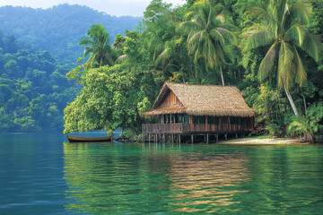 Fototapeta premium A tiny tropical island with a hut and palm trees surrounded by blue sea water.