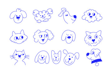 Funny pets, dogs and cats, vector illustration in trendy flat simple linear style, funny mascot and cartoon character, friendly sticker and badge for advertising, social media