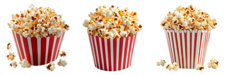 Popcorn in striped cup isolated on transparent PNG background image perfect for food-themed illustrations or snack designs