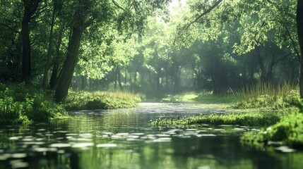 Fototapeta premium A tranquil stream winds through a lush, green forest, sunlight filtering through the canopy above.