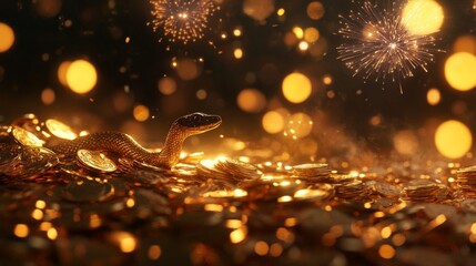 Golden Snake Emerging from a Pile of Coins with Fireworks in the Background