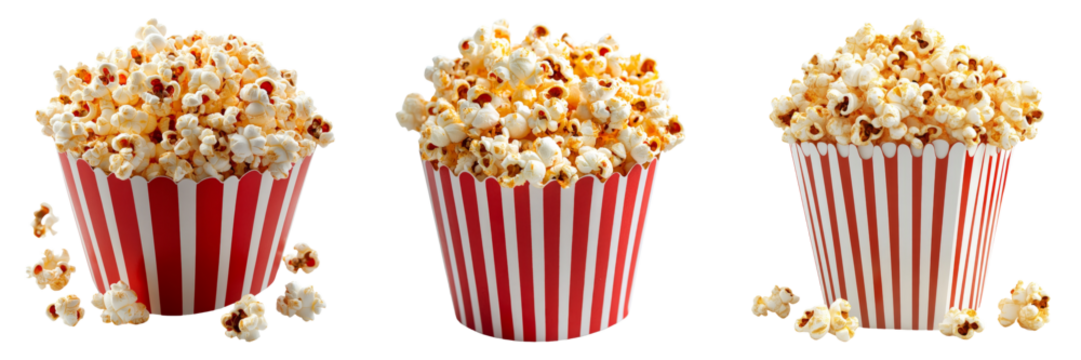 Popcorn in striped cup isolated on transparent PNG background image perfect for food-themed illustrations or snack designs