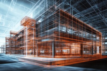 Obraz premium Architectural wireframe rendering of a modern building design.