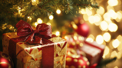 A close-up of beautifully wrapped gifts with elegant ribbons and bows, placed under a Christmas tree, ready to be exchanged