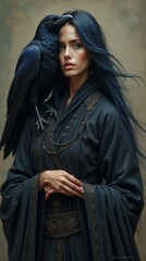 Naklejka premium A Woman in a Dark Robe Stands With a Raven Perched on Her Shoulder in a Mystical Setting