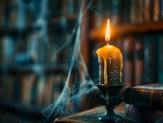 Vintage Candle Holder with Dripping Wax in an Old Library with Dusty Books and Cobwebs
