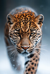 Obraz premium Close-up of a leopard walking through snow, showcasing its intense gaze and powerful stride, symbolizing strength and survival in the wild.