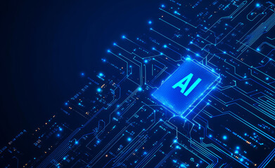 Glowing blue ai chip powers a complex circuit board, symbolizing innovation in technology and business