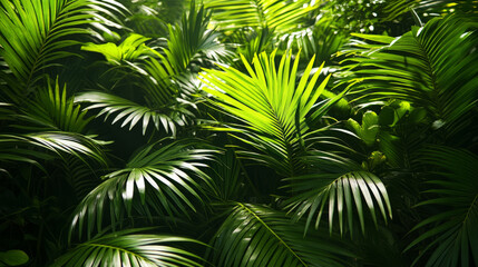 A close-up view of vibrant green palm leaves swaying gently in the tropical breeze, with sunlight filtering through the fronds, creating dappled shadows on the ground