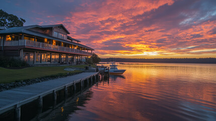 Obraz premium A coastal retreat experience with private fishing excursions, luxurious seaside accommodations, and fresh seafood dining at sunset