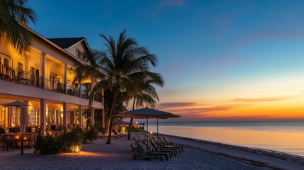 Obraz premium A coastal retreat experience with private fishing excursions, luxurious seaside accommodations, and fresh seafood dining at sunset
