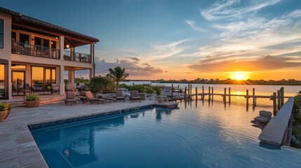 Fototapeta premium A coastal retreat experience with private fishing excursions, luxurious seaside accommodations, and fresh seafood dining at sunset