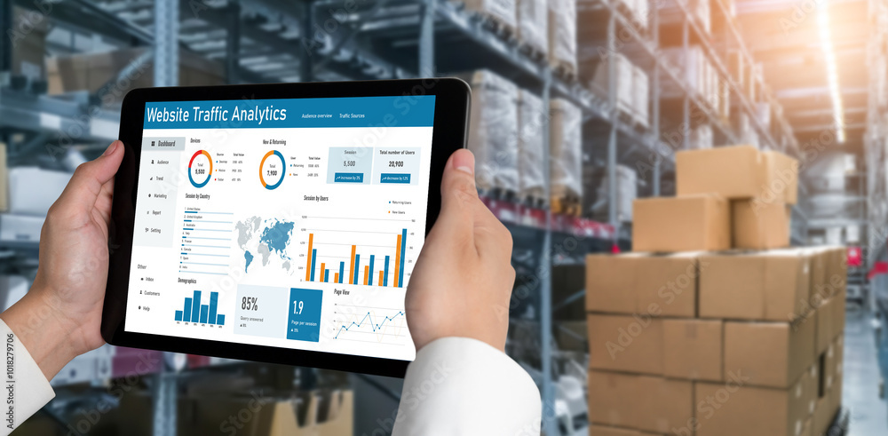 Poster computer software for website traffic analytics data on computer screen. concept of seo search engin