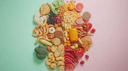A variety of healthy foods are spread out on a green and pink background.