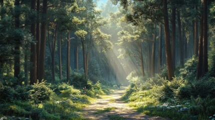 Obraz premium A sunlit path winds through a lush green forest, with tall trees casting long shadows.
