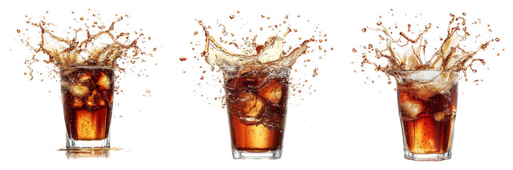Glass of cola soda with splash isolated on transparent PNG background image perfect for food-themed illustrations or beverage designs