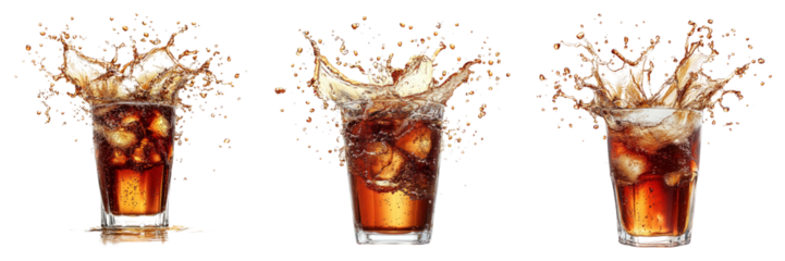Glass of cola soda with splash isolated on transparent PNG background image perfect for food-themed illustrations or beverage designs