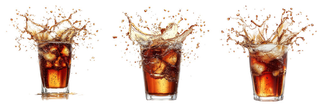 Glass of cola soda with splash isolated on transparent PNG background image perfect for food-themed illustrations or beverage designs