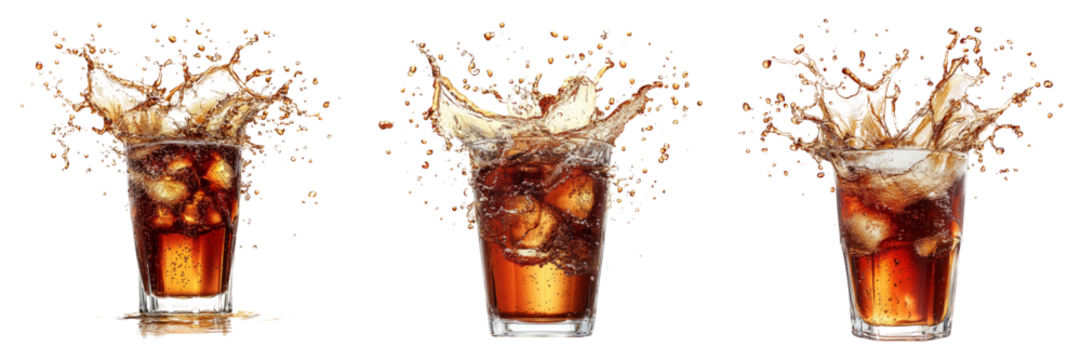 Glass of cola soda with splash isolated on transparent PNG background image perfect for food-themed illustrations or beverage designs
