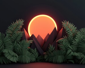 Obraz premium A vibrant, stylized sunset behind sharp mountains, framed by lush green ferns, creating a serene and modern natural scene.