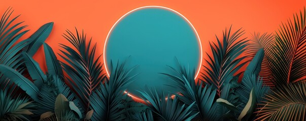 Obraz premium A vibrant sunset scene featuring a large sun against a colorful sky, surrounded by lush tropical foliage.