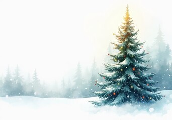 Fototapeta premium Snow-covered Evergreen Tree Adorned With Colorful Lights in a Winter Landscape During Snowfall