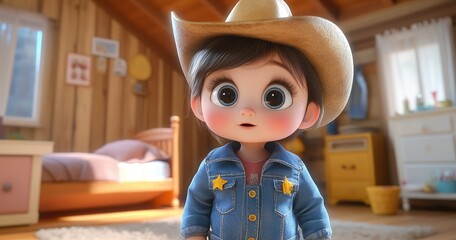 mobile application, featuring a baby girl wearing a denim jacket and cowboy hat, with a cute face and big eyes. The background