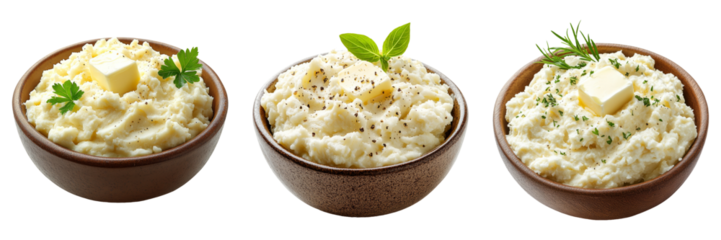 Mashed potatoes in bowl isolated on transparent PNG background image perfect for food-themed illustrations or traditional cuisine designs