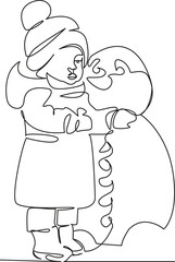 One continuous single drawing line art flat doodle child, joy, fun, snowman, cute, girl, snow, winter, childhood, holiday. Isolated image hand draw contour on a white background