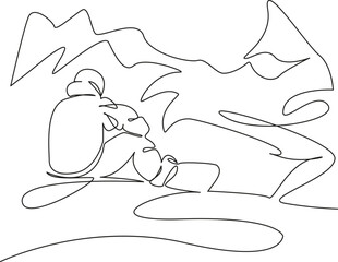 One continuous single drawing line art flat doodle sport, snow, mountain, winter, ski, extreme, man, lifestyle, sky, skiing. Isolated image hand draw contour on a white background