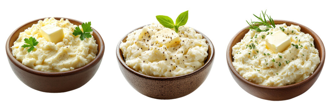 Mashed potatoes in bowl isolated on transparent PNG background image perfect for food-themed illustrations or traditional cuisine designs
