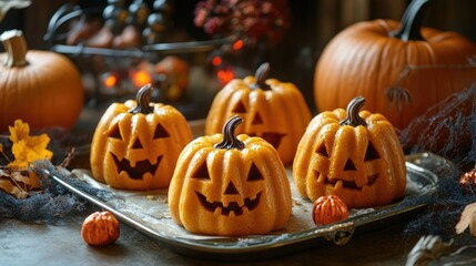 Obraz premium Freshly baked pumpkin cakes, shaped like jack-o'-lanterns, cooling on a tray, surrounded by Halloween decorations