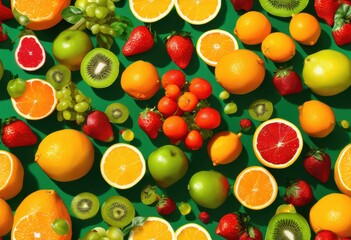 vibrant fruits floating minimalist background showcasing bright colors freshness, apple, banana, orange, strawberry, kiwi, plum, mango, watermelon
