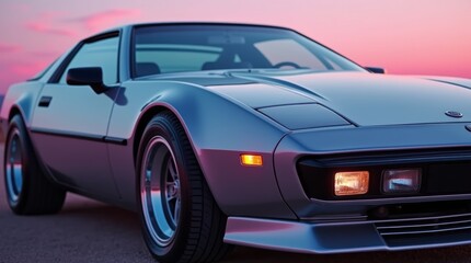 Classic Sports Car Parked on a Scenic Road During Sunset, Showcasing Its Sleek Design and Vibrant Sky