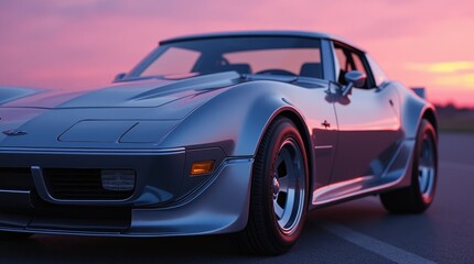 Classic Silver Sports Car Parked Under a Colorful Sunset Sky in a Scenic Outdoor Location