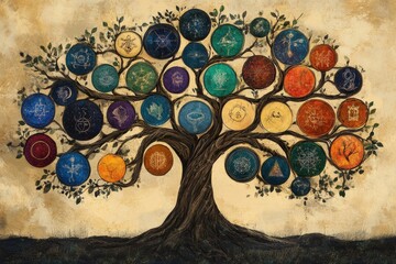 A stylized tree with colorful circular symbols hanging from its branches, representing a family tree, lineage, or growth.