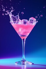 Colorful Cocktail Splashing in a Martini Glass Against a Vibrant Purple and Blue Background