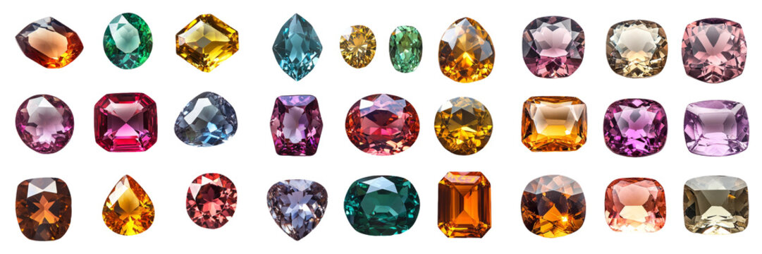 Colorful gemstones isolated on transparent PNG background image perfect for jewelry-themed illustrations or decorative designs