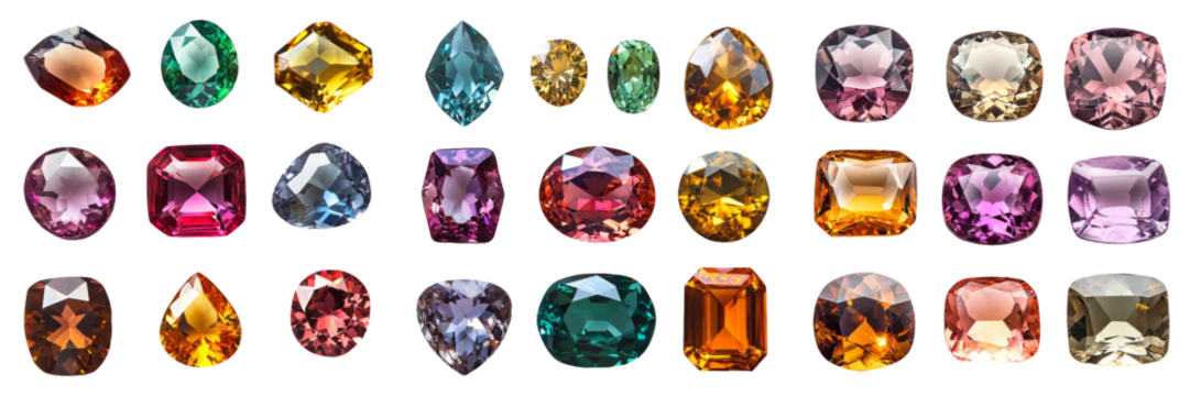 Colorful gemstones isolated on transparent PNG background image perfect for jewelry-themed illustrations or decorative designs